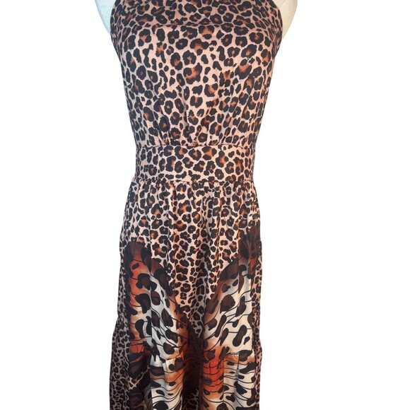 2/$50 NEW Leopard M Print Boho Halter Maxi Dress Butterfly Detail Sleeveless - Picture 7 of 16